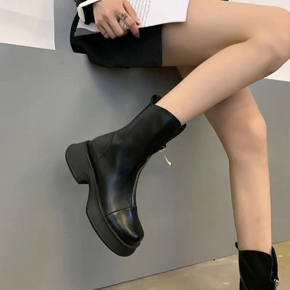Fashion Elegant With Medium Heels Women's Ankle Boots Round Toe Female Short Shoes Black Large Size Warm Trend 2024 On Offer Y2k Booties