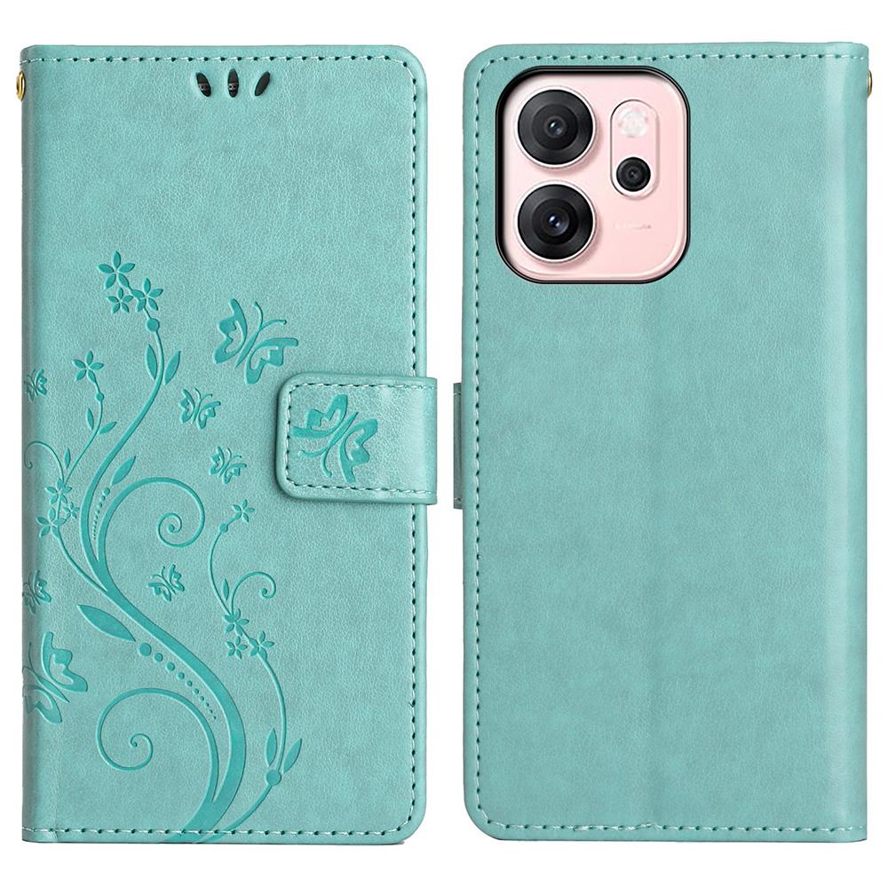 

Для Oppo Reno14 5G (Глобальный) Кожаный чехол-кошелек с тиснением в виде бабочки и цветка, чехол для телефона с ремешком Baby Blue