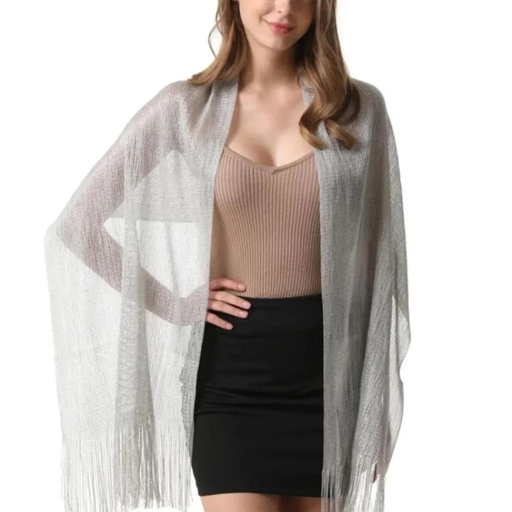 160*50cm Fashion Bright Silk Sunscreen Shawl Hijab Gold Silver Shiny Scarves For Women Lace Tassel Party Evening Dress Scarf