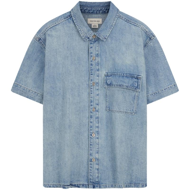 Calvin Klein Linen Blend American Style Retro Light Color Short Sleeve Denim Shirt Men Shirts 4RF906G