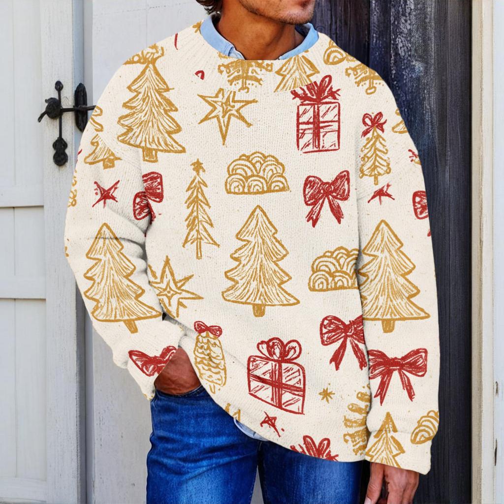 Men's Christmas Print Knit Crewneck Sweater for Fall and Winter Holiday