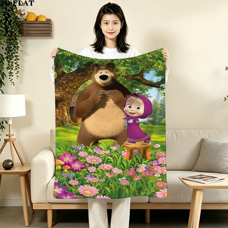 Cartoon Masha Bear Print Flannel Blanket High Quality Warm Comfortable Cover for All Seasons Perfect for Gifts Home Decor