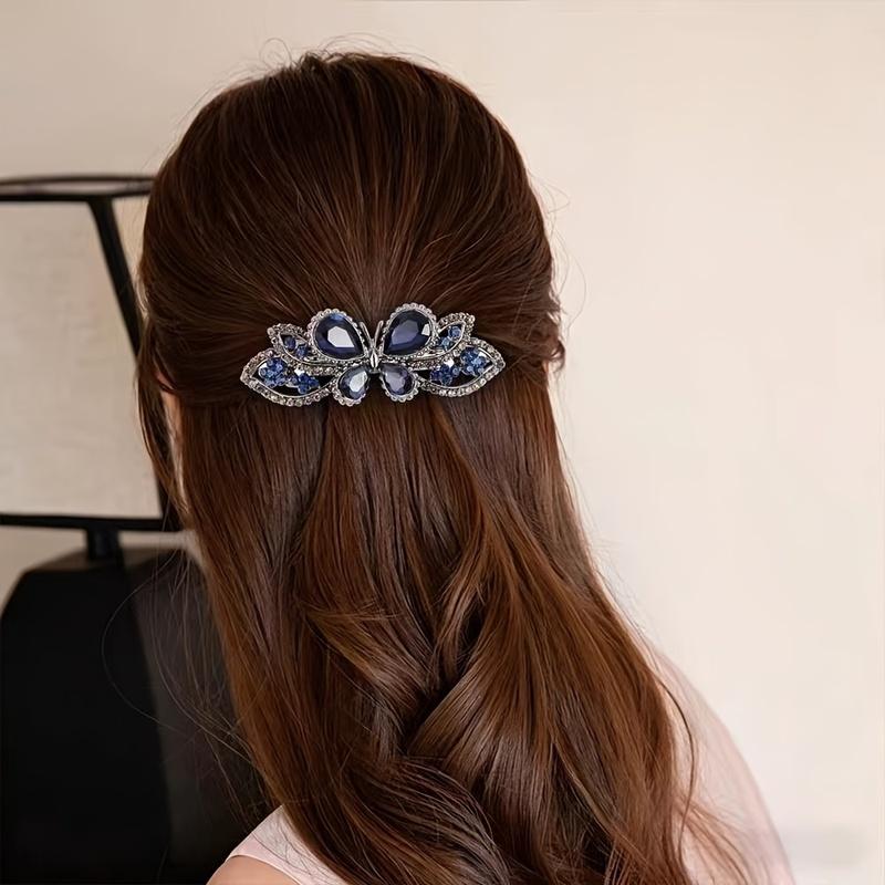 1Pcs Alloy Butterfly Spring Hair Clip, Exquisite Glass Crystal Elegant Horizontal Top Clip for Half Up Hairstyle