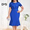 Women Plus Size Embroidery Lace Splice Dress O neck Short Sleeve High Waist Hip Wrapped Fishtail Gown Dress
