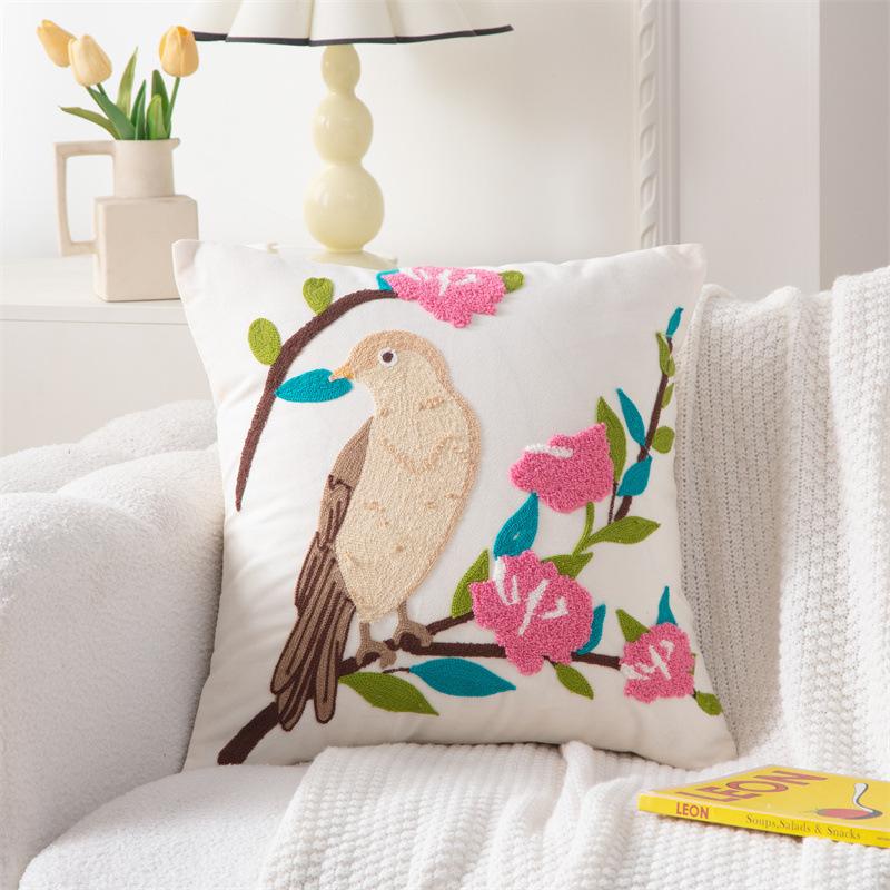 Cotton Canvas 3D Effect Birds Embroidery Throw Pillow Cover Decorative Cushion Cover For Sofa Office Home Room Decoration