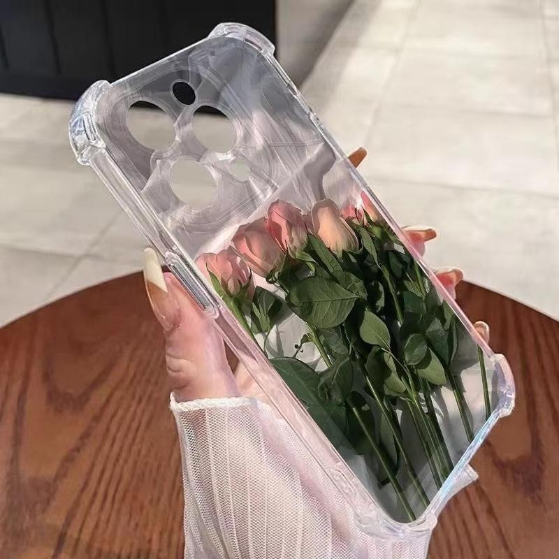 Phone Case For iPhone 17 16 15 14 13 12 11 Pro Max XR XS X 15 16 Plus 17 Air Pink Tulips Rose Flower Pattern Transparent Cover