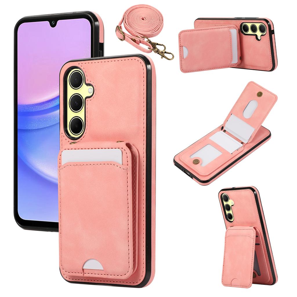 For Samsung Galaxy A17 5G/A26 5G Case Card Holder Kickstand Leather+TPU Phone Cover with Shoulder Strap