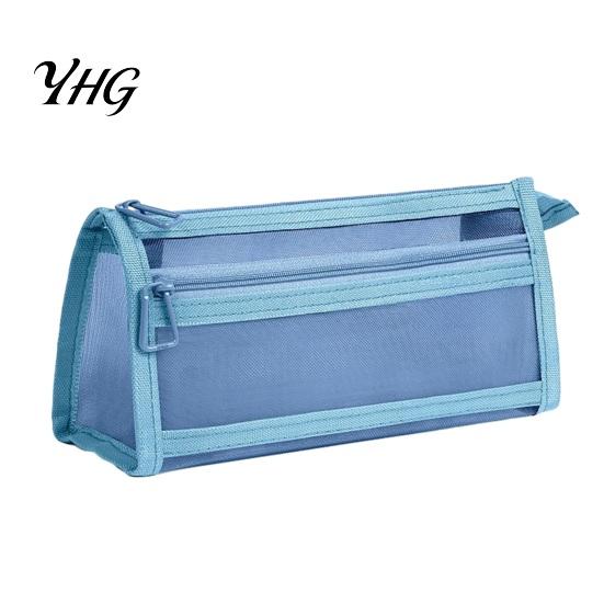 Wear Resistant Stationery Pouch Mesh Pencil Case with Zipper, Double Layer Large Capacity Compact Makeup Brush Holder Organizer, Transparent