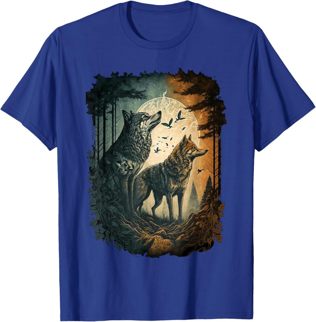 Wolf Howling Moon Forest Graphic Tee Men Women Casual Cotton Crew Neck T-Shirt Spring Autumn