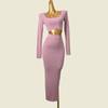 Western Style Square Collar Navel Short Long Sleeve Knit + Sunken Stripe High Elastic Sheath Straight Skirt Two-piece Suit