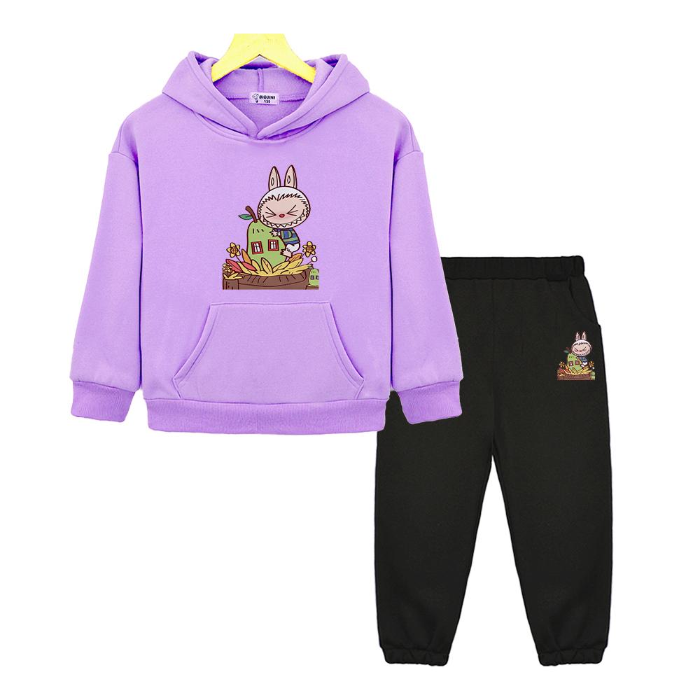 2pcs Pullover+pants Kawaii Boys Girls Hooded Sets Autumn and Winter Labubu  Anime Hoodie Fleece Sweatshirt Cartoon Jacket Kids Boutique Clothes