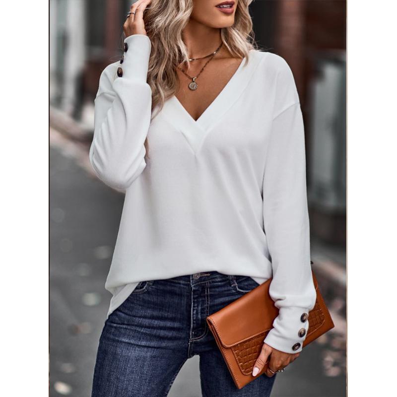 Women's V-Neck Button Down Shirt 2025 Fall Winter Long Sleeve Loose Fit Casual Top Blouse