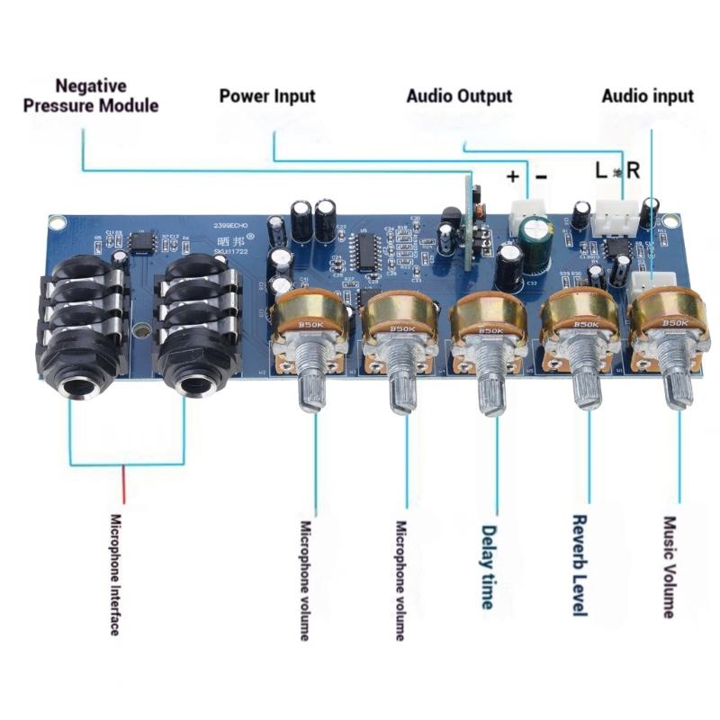 Placa de Reverb Digital Portátil com Chip PT2399 Pré-amplificador de Microfone Duplo para Karaokê e Apresentações ao Vivo