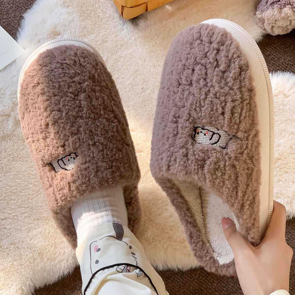 Fashion Fashionable Warm Indoor Slippers Men Household Plush Winter Couples Cartoon Personality Anti Slip Soft Bottom Cotton Shoes 2024
