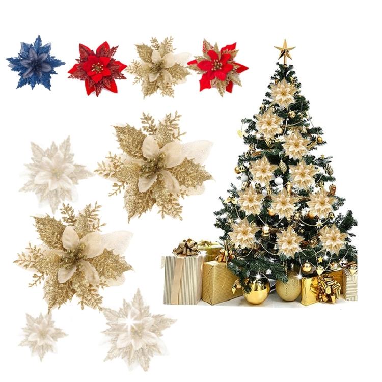 2pcs Christmas Glitter Poinsettia Flowers Xmas Tree Ornaments Home Decorations
