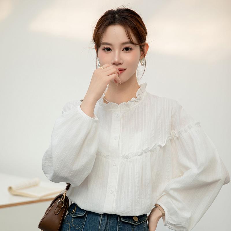 Women's White Long Sleeve French Sweet Ruffled Collar Shirt - 2026 Spring/Autumn Solid Color Fashion