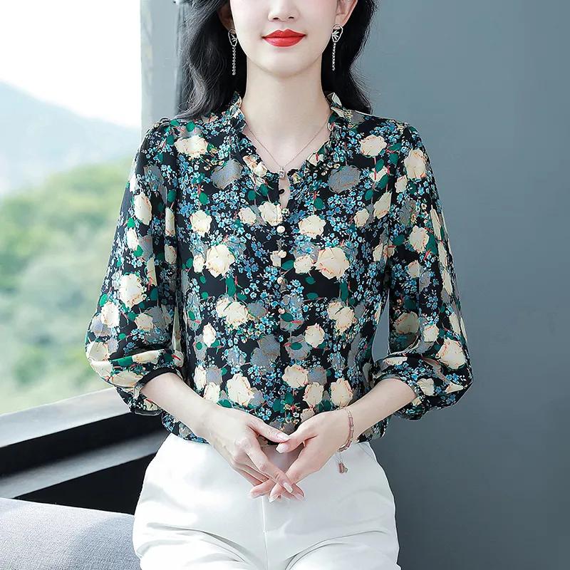 Women's Spring and Summer Seven-minute Sleeve Floral Shirt Ladies Elegant Chiffon Shirt