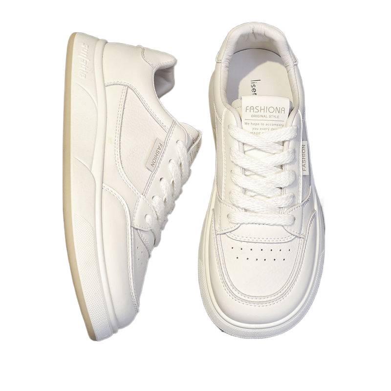 Women's Versatile Thick-Soled White Leather Sneakers for Spring & Autumn - Casual Sports & Skate Shoes