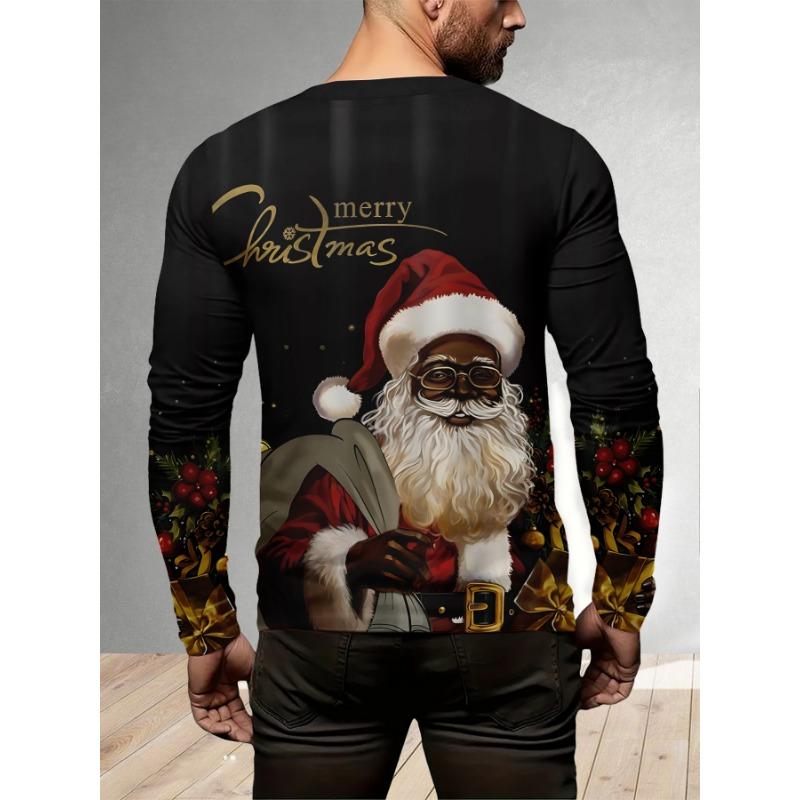 Men's 3D Digital Printing Trendy Santa Claus Summer Long-sleeved T-shirt, Casual and Versatile Round Neck Design