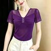 New 2026 Summer V-Neck Short Sleeved Women's T-Shirt Fashion Sexy Hot Diamonds Mesh Tees Streetwear Girl Slim Tops Blouse