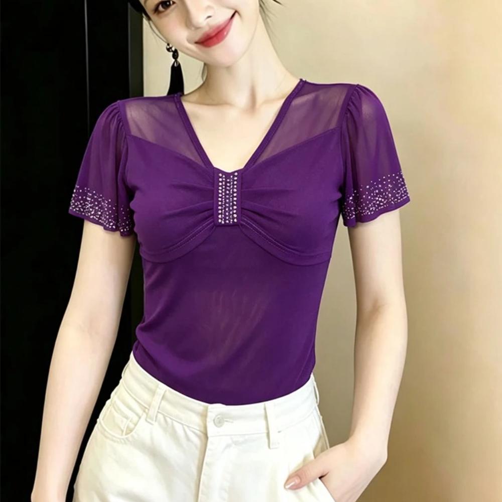 New 2026 Summer V-Neck Short Sleeved Women's T-Shirt Fashion Sexy Hot Diamonds Mesh Tees Streetwear Girl Slim Tops Blouse