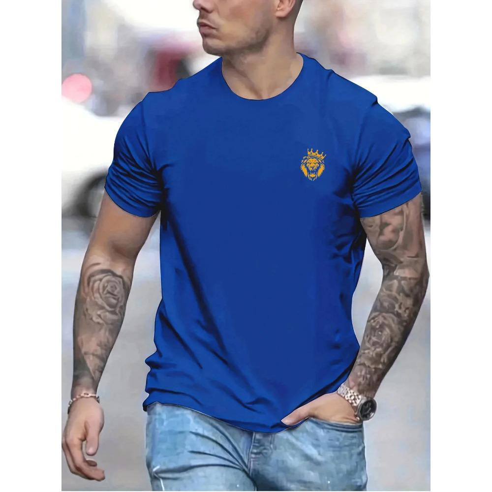 Summer Men's 100% Cotton Casual Loose Large Lion Pattern Print Round Neck Short Sleeve T-shirt Top O-neck Pactwork Casual T