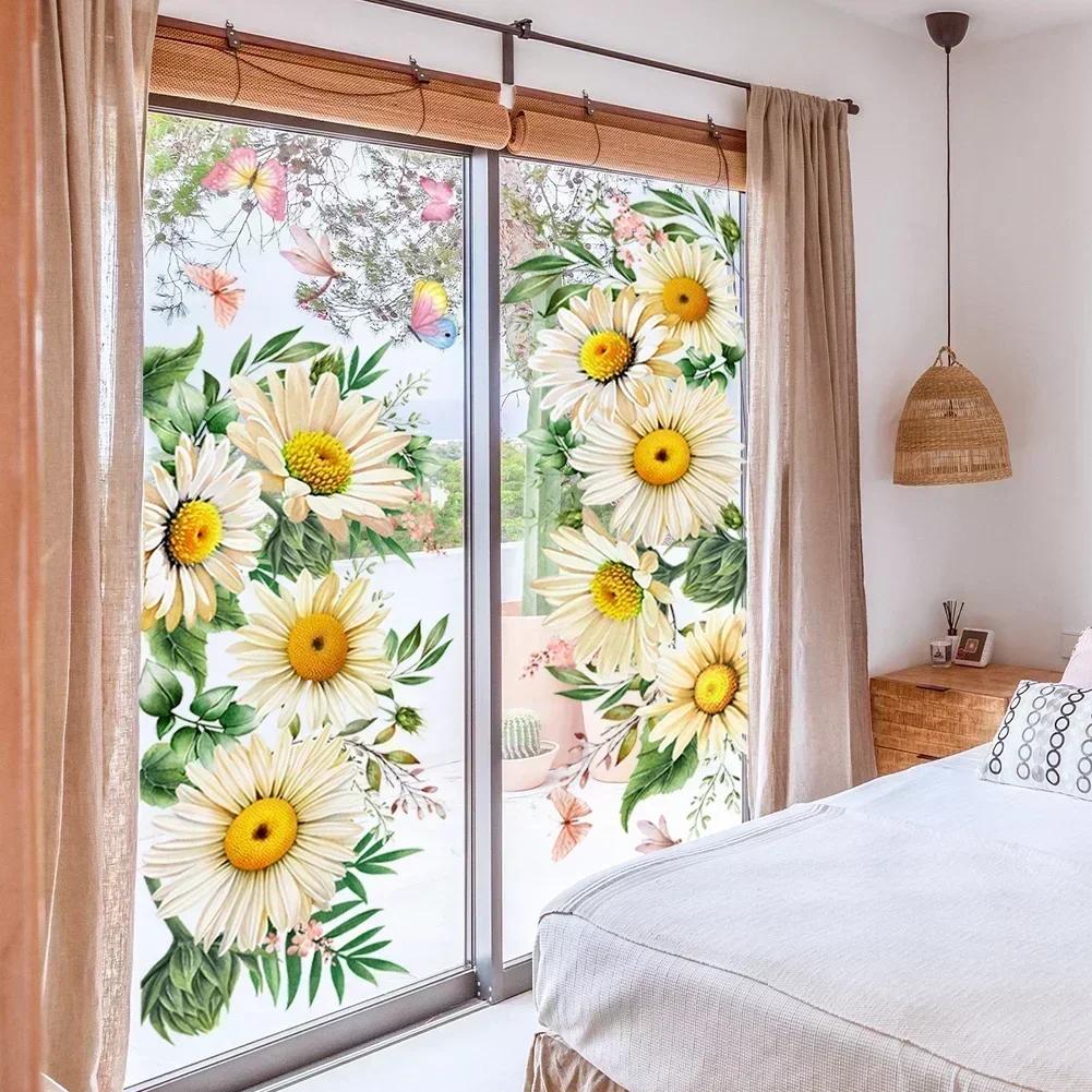 Window Stickers Daisy Butterfly Design for Home Kitchen Bathroom Office 2 Pieces Static Cling Easy Application