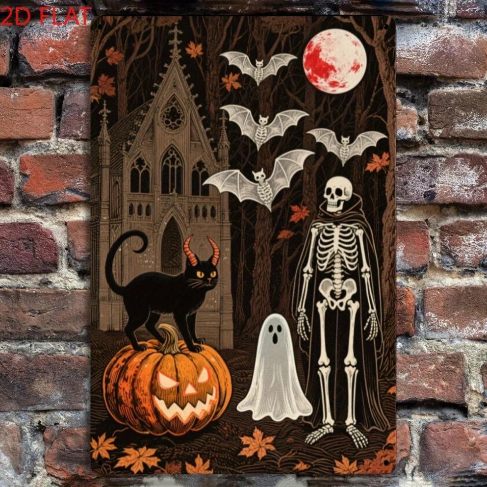 1pc 2D Flat Vintage Halloween Metal Sign - Gothic Cathedral Scene Iron Decor, Perfect for Party/Christmas/Birthday    Room Decor