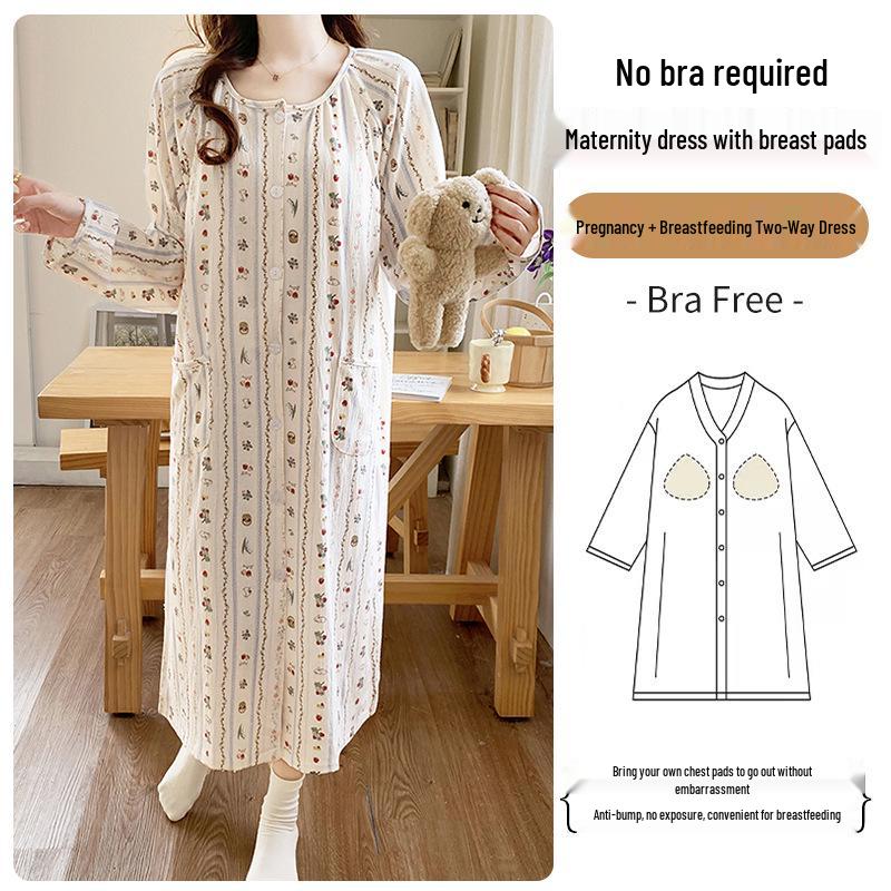 Long Sleeve Maternity Nightgown: Spring & Autumn Breastfeeding Pajamas with Cardigan for Pregnant Women