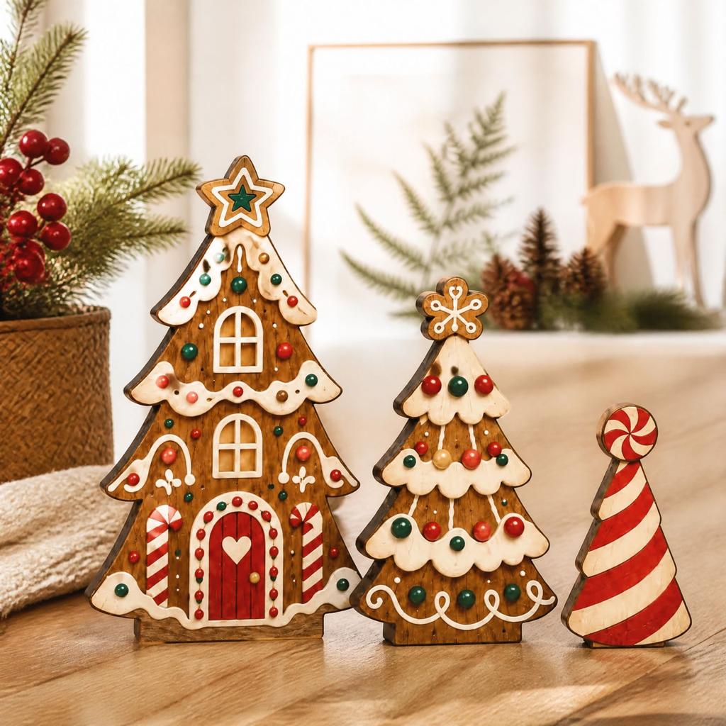 3 Pack Double-Sided Wooden Christmas Tabletop Decorations, Multi-Theme Holiday Ornaments