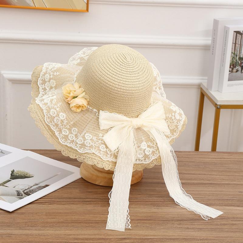 Summer Bow Sun Hat Female, Seaside Beach Vacation Sun Hat Outdoor Big Brim Sun Hat Sweet Straw Hat