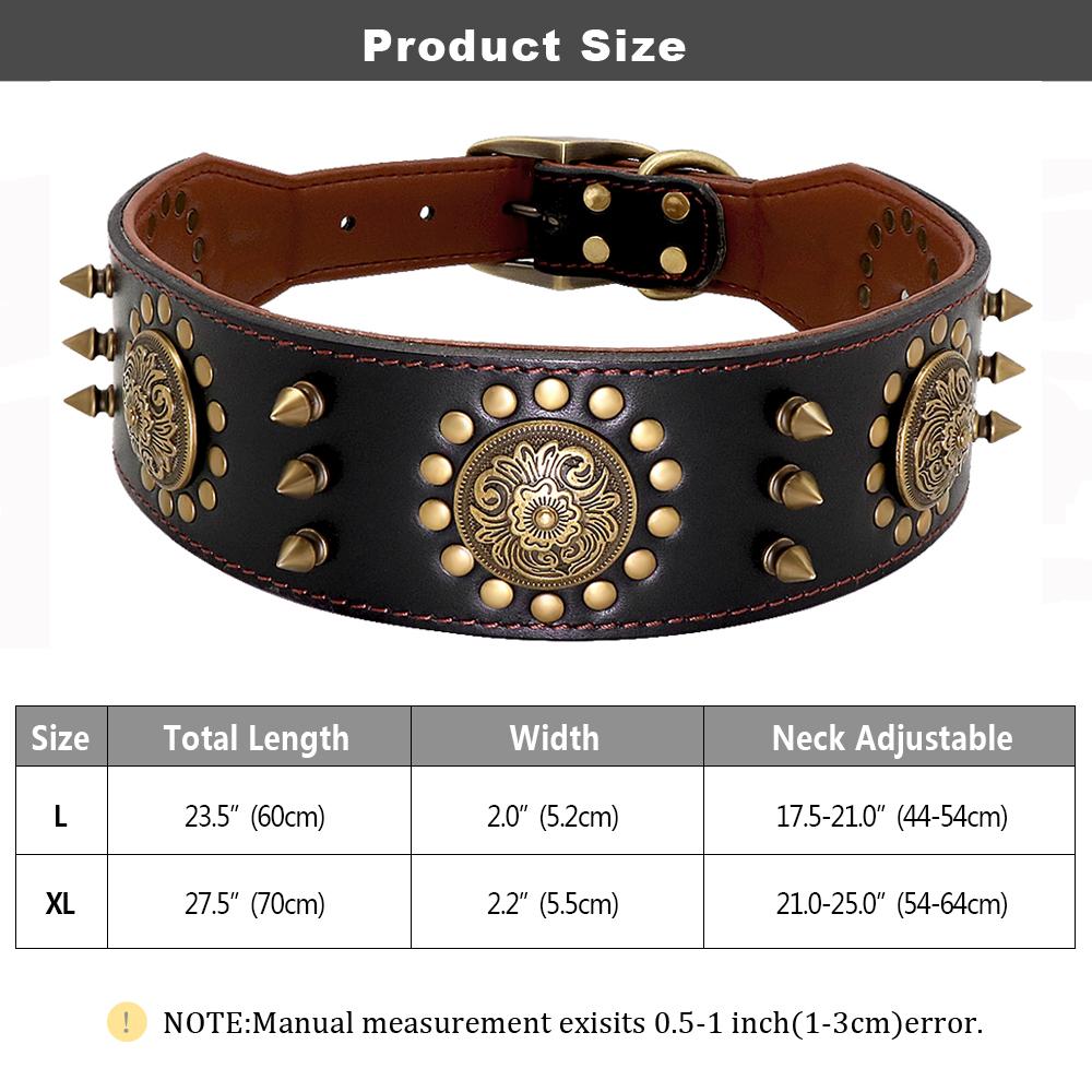 

Роскошный ошейник для собак из натуральной кожи шириной 2 дюйма, крутые шипы, прочные ошейники для средних и крупных собак, немецкая овчарка, питбуль, поводок XL
