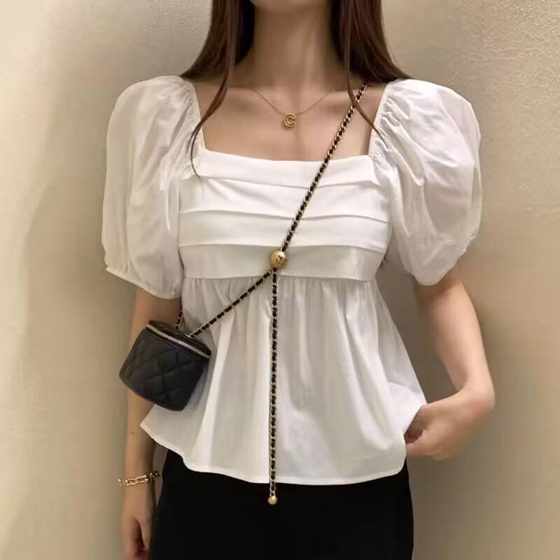 Elegant Square Neck Summer White Blouse Fashion Women New Puff Short Sleeve Shirt Ladies Sweet Tops 2026 Casual Simple Pleated Short Tops