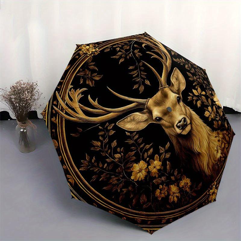 Golden Deer Portrait with Floral Frame Wall Art DecorUmbrella with Cute Design, Portable 3-Fold Compact Umbrella for Men & Women, Valentine's Day Moth