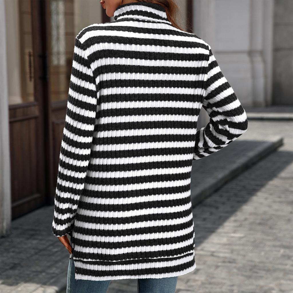 Women's Fashion Casual Striped High Neck Loose Long Sleeve Casual Pullover Top