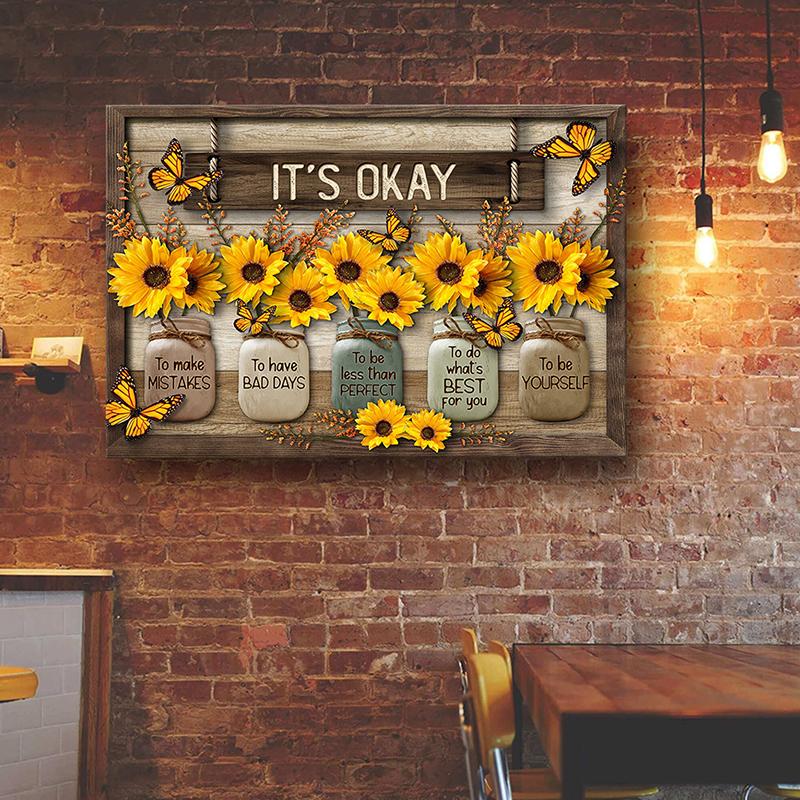 Farmhouse Vintage Poster Prints It's Okay Soul Comfort Vases of Flowers and Butterflies Wall Art Canvas Painting Room Home Decor