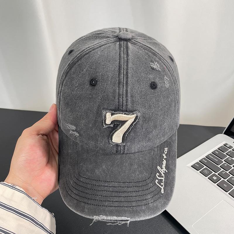 

Hat female three-dimensional number 7 embroidery holes washed wasteland wind soft top big head circumference showing face small old baseball cap soft top