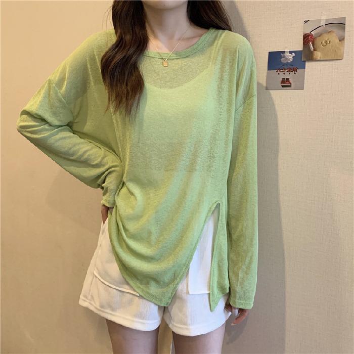 Women's Summer Korean-Style Sheer Long-Sleeve Sun Protection T-Shirt - 2025 Candy Color Loose Fit