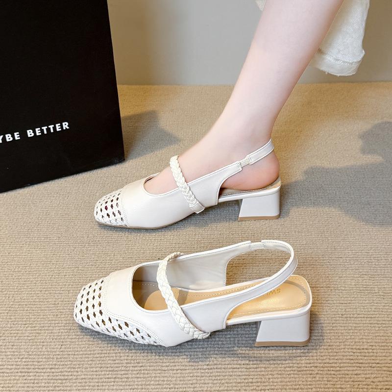 Casual versatile woven hollow fashion spring and summer shallow mouth women's shoes French square head word with summer high heel sandals