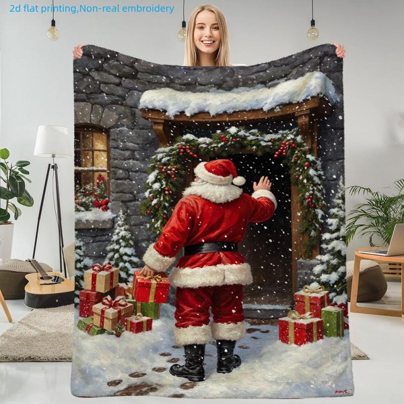 1pc Christmas Holiday Santa Claus Snow Scene Printed Blanket, Christmas Gift Christmas Tree, Multiple Sizes Available, Autumn Thanksgiving Christmas N