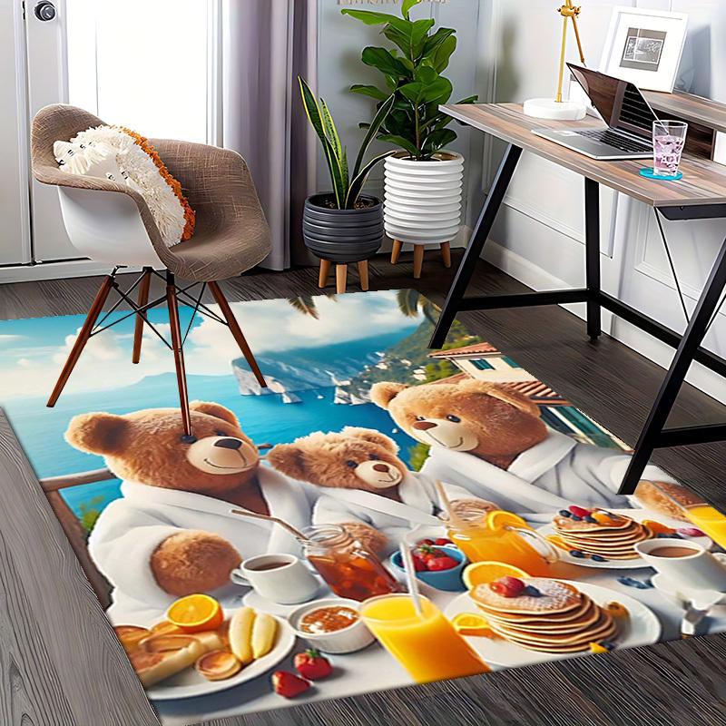 1pc Teddy Bear Breakfast Scene Chair Mat - Anime Cartoon Design Office Chair Pad with Fruit Pancakes and Ocean View for Home Decor, Suitable for All S