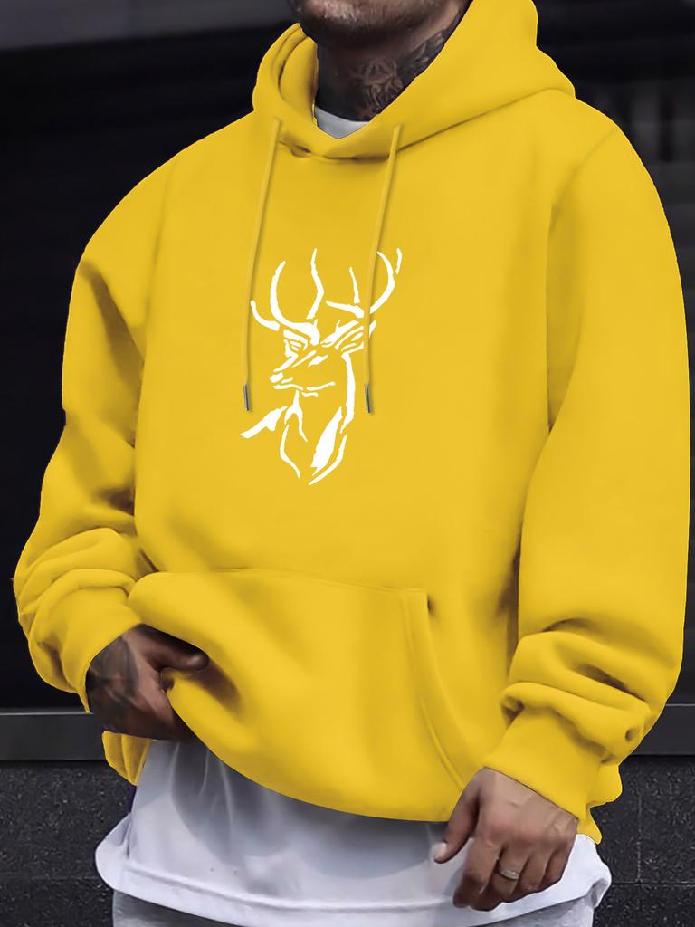 Men's autumn/winter hooded sweatshirt, deer head print casual long-sleeved pullover, simple, stylish and trendy top.
