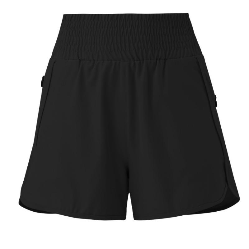 Pantalones cortos deportivos negros de cintura alta elástica con bolsillos con cremallera para mujer