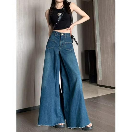 

Джинсы микроклеш с высокой посадкой, большого размера, с необработанным краем - Женские осенние свободные, стройнящие, с широкими штанинами, ретро, длиной до пола 5XL