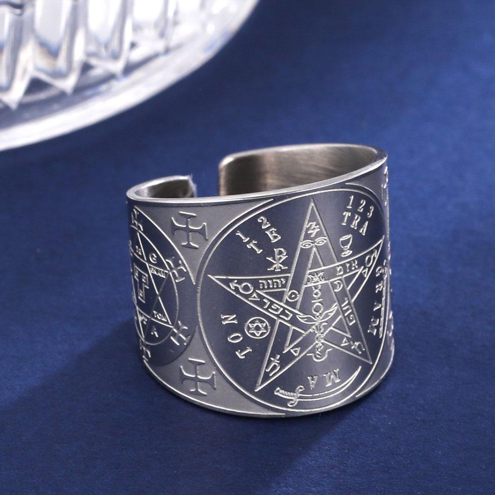 COOLTIME Pentagram Men Ring Stainless Steel Tetragrammaton Amulet Solomon Wiccan Jewelry for Protection