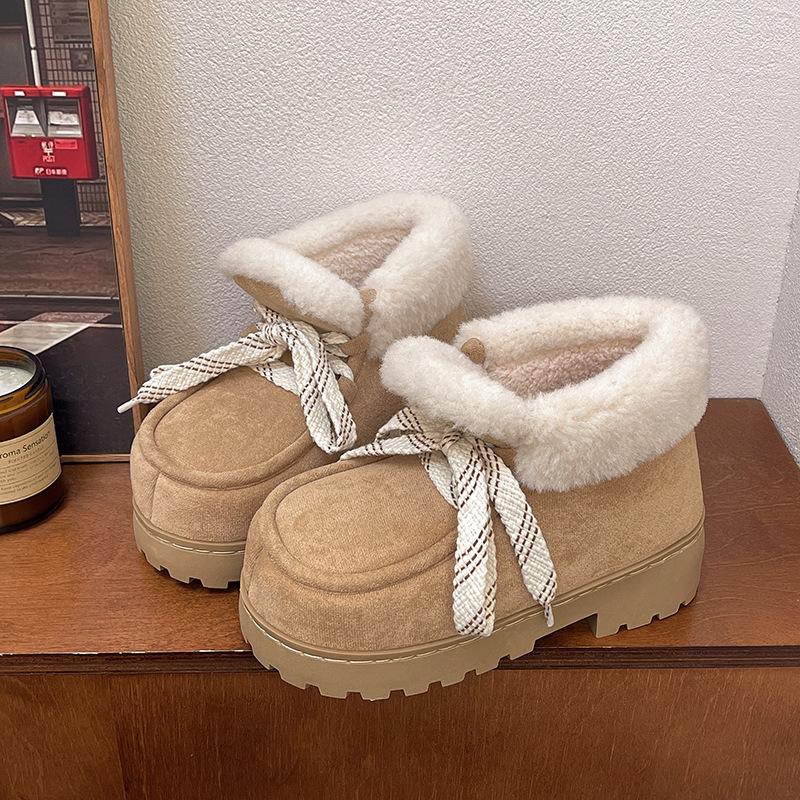 Women's Thick Soled Plus Size Thickened Winter Warm Lace-up Fur One Snow Boots Padded Lining Ankle Boots Non-slip Hiking Sports Cotton Boots