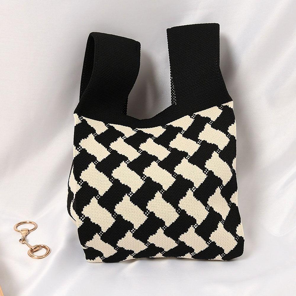 Plaid Mini Women Girls Casual Shopping Bags Knit Tote Bag Handmade Knot Wrist Bag