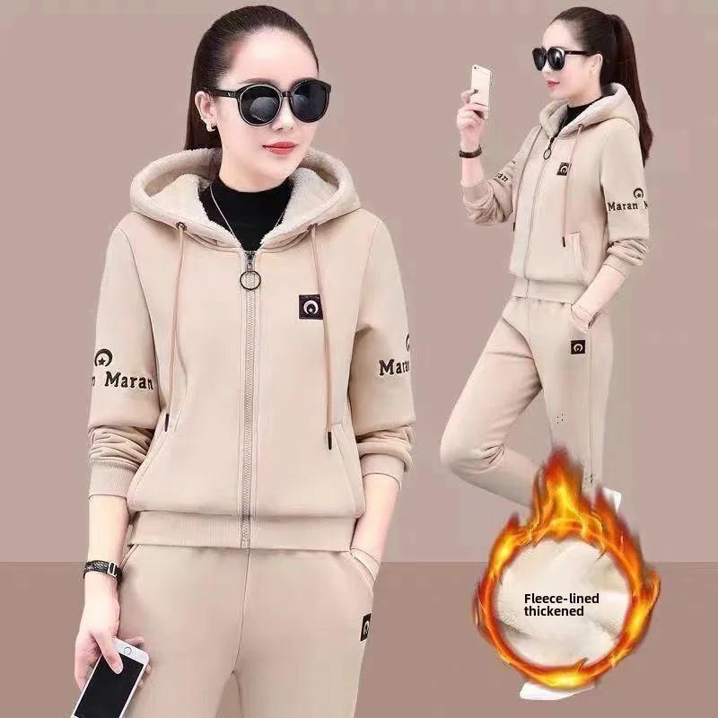 

Модный утолщенный флисовый комплект Женский свободный повседневный наряд Худи с карманом Двойка Осенне-зимний стиль Уличная одежда XXXL хаки