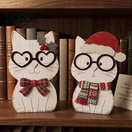 Small Wood Christmas Ornaments Wooden Cat Tabletop Decor, Cute Kitty Figurine, Rustic Farmhouse Decor for Xmas Tiered Tray Ornament Living Room Shelf