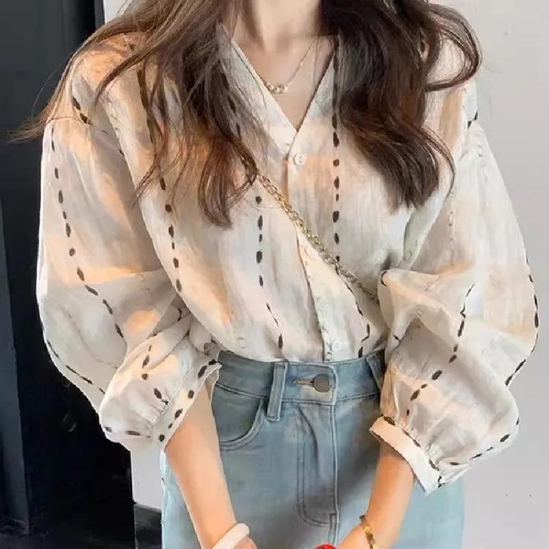 Women Abstract Print Blouse V Neck Lantern Sleeve Loose Fit Casual Shirt S бежевый